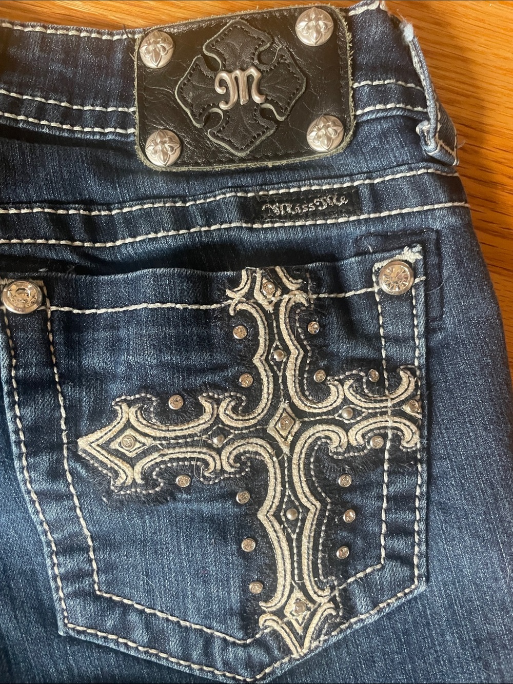 Miss Me Dark Blue Bootcut Jeans with Embroidered Cross Pocket 29 w X 34L